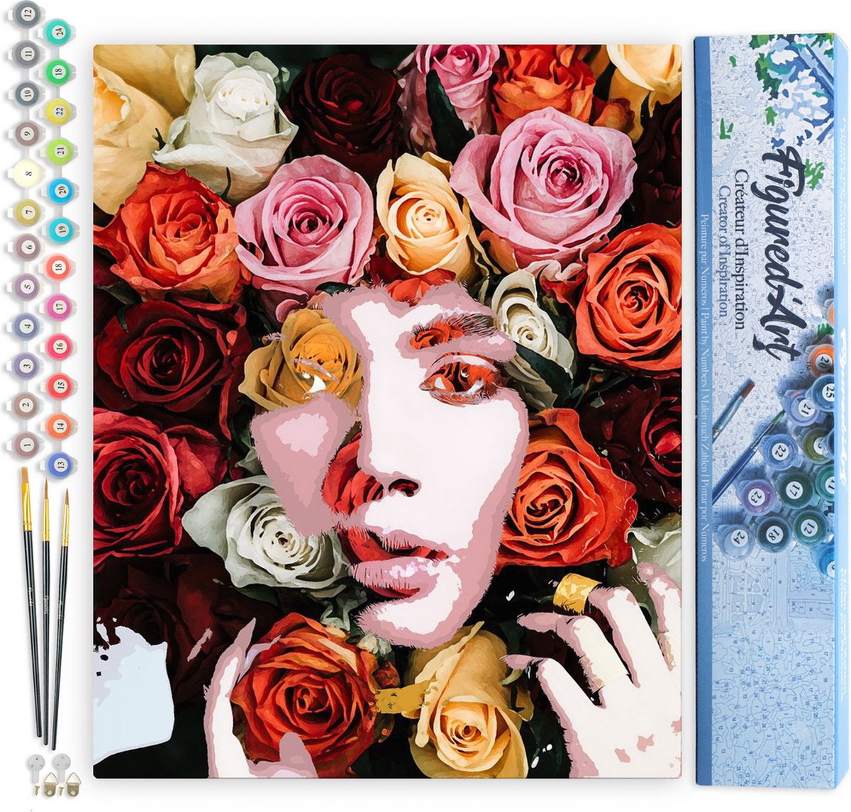 FiguredArt Schilderen op Nummer Volwassenen canvas Rozengezicht - Handwerk acrylverf Kit DIY Compleet - 40x50cm zonder frame